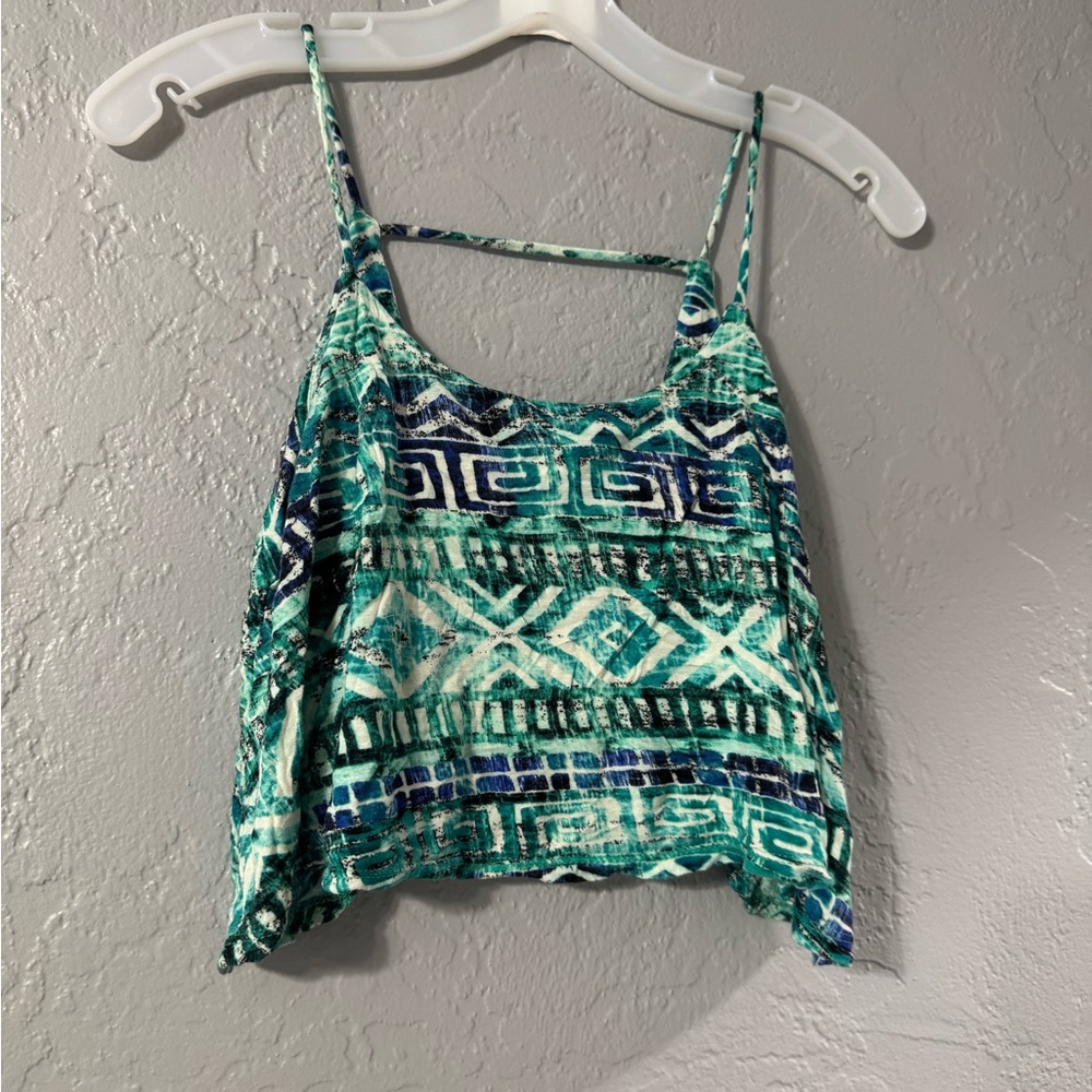 Women's Cropped Geometric Print Tank Top - Blue and Green